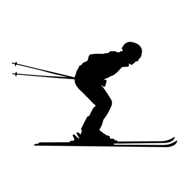 Yokuş aşağı hareketli bir kayakçının siyah silueti. Kayakçı kask takıyor ve kayak sopası tutuyor. Kayakçılar kayakçıların ayaklarının altında görülebiliyor. Bu da hareket olduğunu gösteriyor. Görüntü, beyaz arkaplandaki katıksız siyah beyaz bir grafiktir..