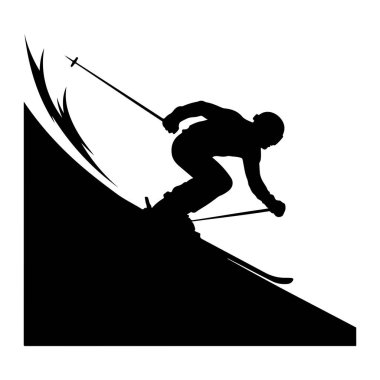 Hareket halindeki bir kayakçının siyah silueti dik ve karla kaplı bir yamaçtan inerken yakalandı. Kayakçı bir kask takıyor ve hız için kayak sopaları tutuyor. Dinamik çizgiler kar püskürtüsünün kayaklar tarafından tekmelendiğini gösteriyor. Arka taraf.