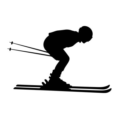 Siyah bir kayakçı silueti, elinde kayak sopaları olan çömelmiş bir pozisyonda. Kayakçı kask takıyor ve kayak üzerinde hareket ediyor gibi görünüyor. Resim beyaz bir arkaplanda izole edilmiştir.
