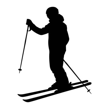 Kayakların üzerinde elinde kayak sopalarıyla duran siyah bir kayakçı silueti. Kayakçı kask ve kayak kıyafeti giyiyor. Resim beyaz bir arkaplanda izole edilmiştir.