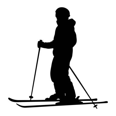 Kayak yapan, kask takan ve kayak sopası tutan siyah bir insan silueti. Kayakçı beyaz bir zemin üzerinde, kayakları ve direkleriyle net bir şekilde tanımlanmıştır. Silüet, kayak yapmaya hazır birinin dinamik duruşunu yakalar..