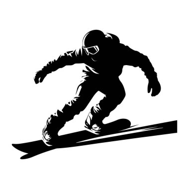 Hareket halindeki bir snowboardcunun siyah beyaz silueti bir yamacı oyuyor. Snowboard 'cu bir kask ve gözlük takıyor, sörf yaparken vücutları açılı. Resim, keskin çizgileri ve yüksek kontrastı olan grafiksel bir resimdir..