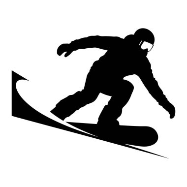 Snowboard yapan bir snowboardcunun siyah silueti. Snowboard 'cu bir kask ve gözlük takıyor ve beyaz arka plana karşı dinamik bir pozla tasvir ediliyor. Görüntü bir hız ve hareket hissi iletir.