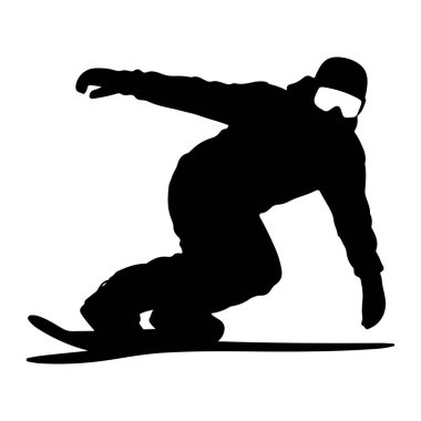 Bir snowboardcunun hareket halindeki siyah silueti, bir snowboard 'un ortasında yakalandı. Şekil, denge için kollarını açmış gözlük ve kışlık giysiler giyiyor. Görüntü net, denek beyaz bir arkaplanda izole edilmiş.