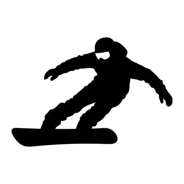 Bir snowboardcunun hareket halindeki siyah silueti, bir yamaçta oyulmuş olarak ele geçirilmiş. Kışın kask, gözlük ve eldiven de dahil olmak üzere spor kıyafetleri giyiyor ve snowboard 'a doğru eğiliyor. Görüntü net, siyah form keskindir.