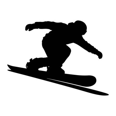 Bir snowboardcunun siyah silueti, bir snowboard 'un üzerinde bir dönüş yapıyor. Şekil, dinamik duruşu ve snowboardcunun ana hatlarını ve ekipmanlarını vurgulayan titiz beyaz bir arkaplana karşı tasvir ediliyor. Görüntü hatunu yakalar.