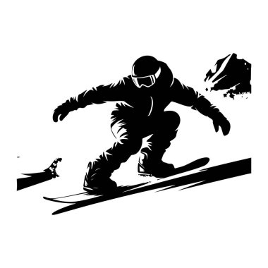 Bir kar kaykaycısının siyah silueti. Karlı bir yamacı oyuyor. Snowboard sporcusu miğfer ve gözlük takıyor. At sürerken vücutları eğik. Arkaplanda karla kaplı dağları ve bir d 'yi akla getiren soyut şekiller var.