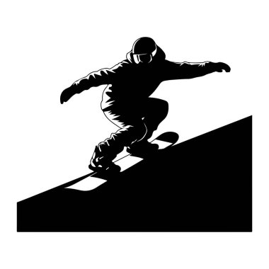 Bir snowboardcunun siyah silueti, beyaz arka plana doğru koyu bir yamaç çizerek hareket ederken resmedilir. Snowboard 'cu denge için kollarını uzatmış bir kask ve gözlük takıyor. Görüntü sporun dinamik hareketini yakalar