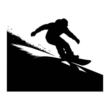 Karlı bir yamacı oyan hareket halindeki bir snowboardcunun siyah silueti. Snowboard 'cu kışlık giysiler giyiyor ve sıranın ortasında, tahtanın kenarından yayılan kar spreyiyle yakalandı. Arka plan bembeyaz, Dynam 'ı vurguluyor.