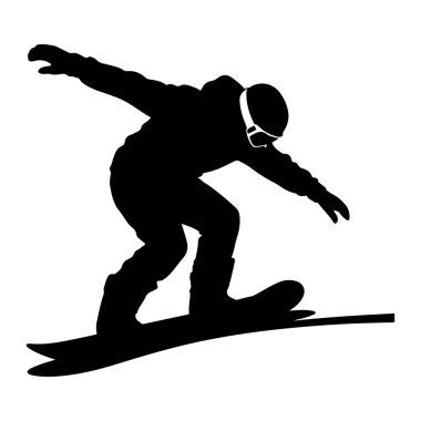 Beyaz arka planda hareket eden bir snowboardcunun siyah silueti. Snowboard sporcusu kollarını denge için uzatarak viraja giriyor. Kask ve gözlük takıyorlar ve snowboard 'ları karı keser gibi açılı.. 