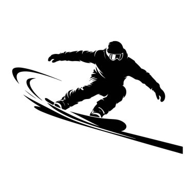 Bir snowboardcunun siyah silueti, bir snowboard 'a dinamik bir viraj oyuyor. Snowboard 'cu kask ve gözlük takıyor ve viraja doğru eğildiklerinde vücutları açılı oluyor. Snowboard 'un arkasındaki kıvrımlı çizgiler hız ve mot öneriyor.