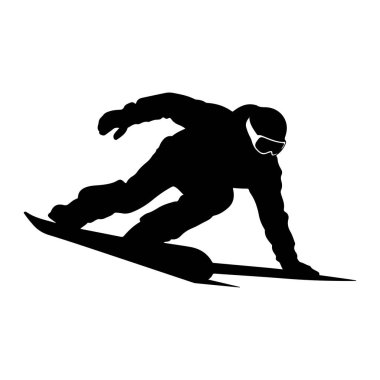 Bir snowboardcunun hareket halindeki siyah silueti, bir snowboard 'un ortasında yakalandı. Bu figür gözlük takıyor ve bir dönemece doğru eğiliyor gibi görünüyor, snowboard yana doğru açılı. Görüntü katıksız bir siyah beyaz grafik gösterimidir. 