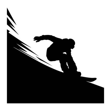 Hareket halindeki bir snowboardcunun siyah silueti, dik ve stilize bir yamaçta ortaya çekilmiş. Snowboard sporcusu kollarını denge için uzatarak viraja giriyor. Arka plan bembeyaz, dinamik hareketi ve keskin açıyı vurguluyor.