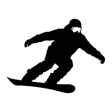 Beyaz bir arka plana karşı eylem sırasında bir snowboardcunun siyah silueti. Snowboard 'cu kask ve gözlük takıyor ve snowboardlarına yaslanıyor. Duruş hareketi ve hızı gösteriyor, SP 'nin dinamik doğasını yakalıyor.