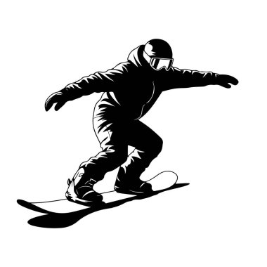 Bir snowboardcunun siyah silueti, bir snowboard 'a yaslanmış. Kışlık giysiler giyiyor, kapüşonlu ceket ve gözlük de dahil. Kar kaykaycısının gölgesi aşağıya düşüyor. Bu da hareket ve hız hissi veriyor.