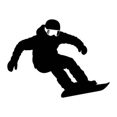 Beyaz bir arka plana karşı eylem sırasında bir snowboardcunun siyah silueti. Snowboard 'cu kask, gözlük, ceket, pantolon ve eldiven takıyor ve snowboard' a doğru eğiliyor. Duruş hız ve çevikliği gösteriyor..