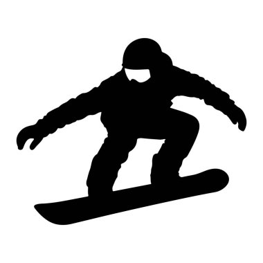 Beyaz bir arka planda, havada bir snowboardcunun siyah silueti. Snowboard 'cu kask ve gözlük takıyor ve kollarını açmış dinamik bir poz veriyor. Snowboard ayaklarının altında görünüyor..