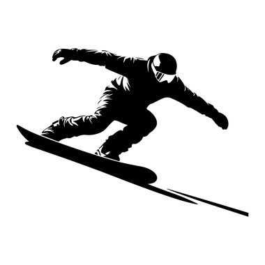 Bir snowboardcunun siyah silueti havada bir oyma yapıyor. Snowboard 'cu kask ve gözlük takıyor ve viraja doğru eğildiklerinde vücutları açılı oluyor. Snowboard aşağı doğru açılı ve arkasında bir hareket izi var. T