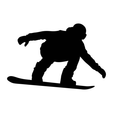 Beyaz bir arka plana yakalanmış, havada bir snowboardcunun siyah silueti. Snowboard 'cu, kask, gözlük ve eldiven de dahil olmak üzere kışlık giysiler giyiyor ve snowboardlarında dinamik bir şekilde konumlandırılmış, bu da akrobatik bir manevra olduğunu gösteriyor.