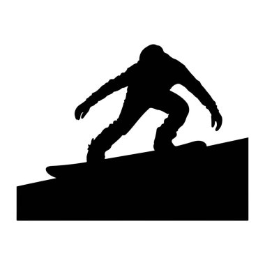 Rampada hareket eden bir snowboardcunun siyah silueti. Snowboard sporcusu kışlık giysiler giyiyor ve tahtada, bir atlayışın ortasında gibi görünüyor. Arka plan bembeyaz, koyu renk silueti vurguluyor..