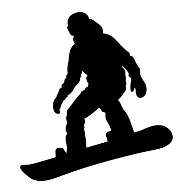 Beyaz arka planda hareket eden bir snowboardcunun siyah silueti. Snowboard sporcusu bir kask, gözlük, eldiven ve kışlık kıyafet giyiyor ve bir snowboard 'a yerleştirilmiş..