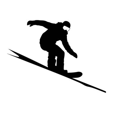 Beyaz arka planda hareket eden bir snowboardcunun siyah silueti. Snowboard sporcusu gözlük takıyor ve bir dönemece meyilli ya da atlıyor gibi görünüyor. Görüntü net ve net, sporcunun dinamik duruşunu vurguluyor.