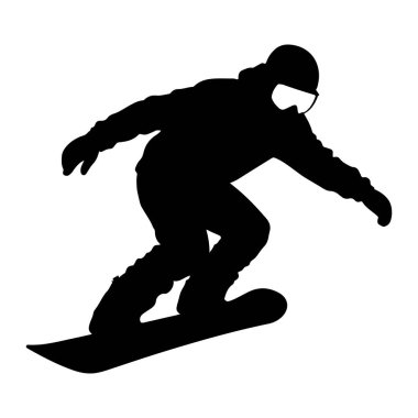 Beyaz arka planda hareket eden bir snowboardcunun siyah silueti. Snowboard 'cu bir kask, gözlük, eldiven ve kışlık kıyafet giyiyor ve bir snowboard' un ortasında bir viraja eğilerek görüntüleniyor. Duruş hız ve dinamizmi gösteriyor.,