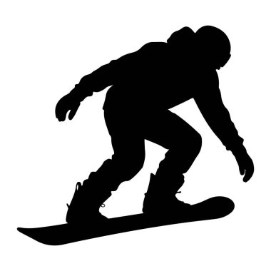 Beyaz arka planda hareket eden bir snowboardcunun siyah silueti. Snowboard sporcusu dinamik bir pozla tasvir edilir, kolları denge için açılır. Kışlık giysiler giyiyorlar, miğfer, gözlük, ceket de dahil., 