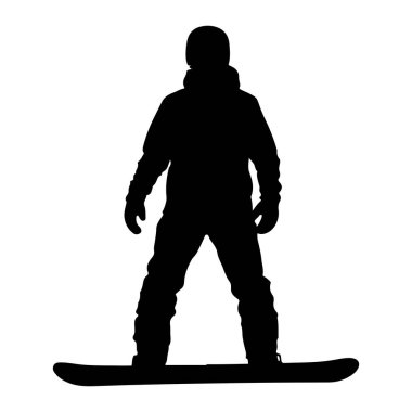 Beyaz bir arka plana karşı snowboard 'un üzerinde duran siyah bir siluet. Kışlık giysiler giyiyor, kask, ceket, pantolon ve eldiven de dahil. Snowboard kişinin ayaklarının altına yatay olarak yerleştirilmiş..