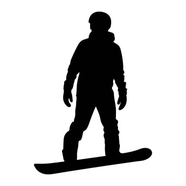 Snowboard 'un üzerinde duran siyah bir siluet. Kask, gözlük, kapüşonlu ceket, pantolon ve eldiven giyiyor. Resim beyaz bir arkaplanda izole edilmiştir.