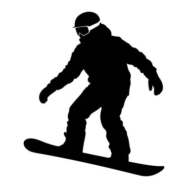 Beyaz arka planda hareket eden bir snowboardcunun siyah silueti. Snowboard 'cu kask ve gözlük takıyor ve havada gibi görünüyor ya da snowboard' a dönüş yapıyor. Silüet, nişanlı sporcunun dinamik duruşunu yakalar. 