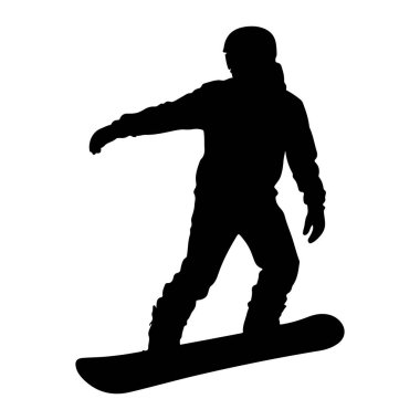 Beyaz bir arka plana karşı eylem halindeki bir snowboardcunun siyah silueti. Snowboard 'cu kask takıyor ve bir kolu uzatılmış ve diğeri bükülmüş bir şekilde orta sürüşte gibi görünüyor. Siluet, bu işle uğraşan birinin dinamik duruşunu yakalar.