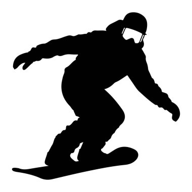 Beyaz arka planda hareket eden bir snowboardcunun siyah silueti. Snowboard 'cu kask ve gözlük takıyor ve snowboardlarına yaslanıyor. Görüntü sporun dinamik hareketini ve atletizmini yakalıyor..