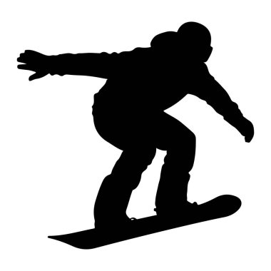 Beyaz bir arka plana karşı eylem sırasında bir snowboardcunun siyah silueti. Snowboard 'cu kışlık giysiler giyiyor, kapüşonlu ceket ve pantolon da dahil, ve bir snowboard' a yerleştirilmiş. Poz, kolları açık bir şekilde hareket ve denge gösteriyor.