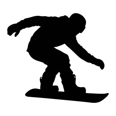 Beyaz arka planda hareket eden bir snowboardcunun siyah silueti. Snowboard sporcusu virajın ortasında yakalanır ve denge için kollarını uzatır. Kışlık giysiler giyiyor, miğfer ve gözlük de dahil ve kayışlı.