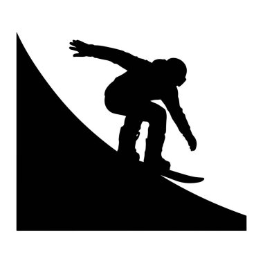 Beyaz arka planda bir snowboardcunun siyah silueti. Snowboard sporcusu kıvrımlı bir rampaya yerleştirildi. Vücutları açılı ve kolları denge için uzatılmış. Görüntü, dinamiği vurgulayan, siyah ve beyazın katıksız tezatıdır.