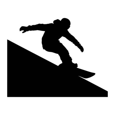 Beyaz arka planda eylem halindeki bir snowboardcunun siyah silueti. Snowboard sporcusu, kolları denge için uzatılmış, karanlık ve eğimli bir yüzeye dönüşün ortasında tasvir edilir. Kışlık sporlar için tipik kıyafetler giyiyor, kapüşonlu jalar da dahil.