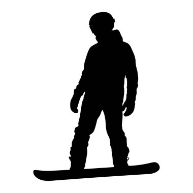 Kask ve gözlük takan bir snowboardcunun siyah silueti beyaz bir zemine karşı bir snowboard 'un üzerinde duruyor. Şekil durağan bir pozda tasvir ediliyor, harekete hazır..