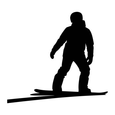 Kar kaykayındaki bir kişinin siyah silueti beyaz bir zemine karşı tasvir edilir. Snowboard 'cu kask, ceket, pantolon ve eldiven giyiyor. Bu da kış sporu kıyafeti giydiğini gösteriyor. Snowboard kişinin ayaklarının altında görünür, ve sha