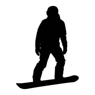 Snowboard 'daki bir kişinin siyah silueti beyaz arka planda resmedilir. Snowboard 'cu kışlık giysiler giyiyor. Kask ve eldiven de dahil. Harekete geçmiş gibi görünüyor. Görüntü, sırtı görülemeyen bir grafik çizimi.