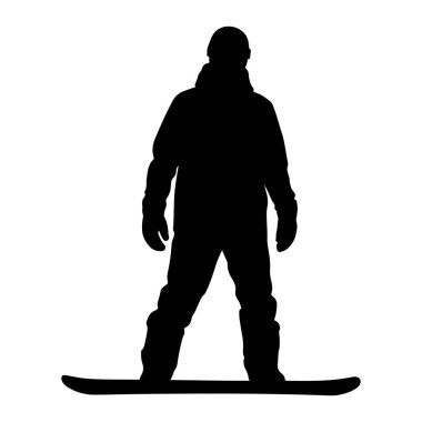 Beyaz bir arka plana karşı snowboard 'un üzerinde duran siyah bir siluet. Kışlık giysiler giyiyor, kask, ceket, eldiven ve pantolon da dahil. Snowboard kişinin ayaklarının altına yatay olarak yerleştirilmiş..