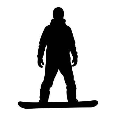 Snowboard 'un üzerinde duran siyah bir siluet. Kışlık giysiler giyiyor, kapüşonlu ceket, pantolon ve eldiven de dahil. Snowboard kişinin ayaklarının altına yatay olarak yerleştirilmiş. Arka plan bembeyaz..