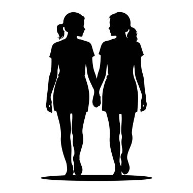 Yan yana yürüyen ve el ele tutuşan iki kadının siyah silueti. Birbirlerine bakıyorlar ve konuşuyormuş gibi görünüyorlar. Resim, beyaz arkaplanı olan basit bir grafik çizimi..