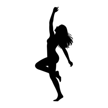 Dans ederken poz vermiş siyah bir kadın silueti. Sağ kolu yukarı doğru uzanıyor ve sol kolu dirsekten bükülüyor. Bacakları dinamik bir pozisyonda, biri eğik, diğeri ise uzamış. Saçları arkasından akıyordu, hareket ettiğini gösteriyordu ve...