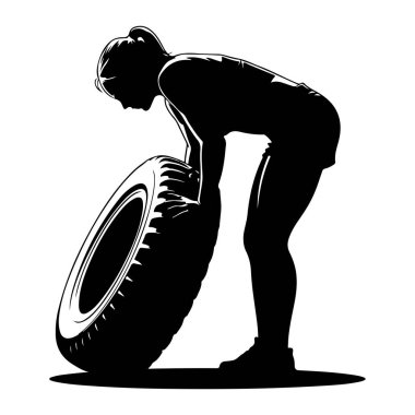 Büyük bir lastiği devirmek için eğilen siyah bir kadın silueti. Vücudu aşağıya doğru dönük, elleri lastiği tutuyor. Lastik izi görünür bir şekilde tasvir edilir. Görüntü siyah-beyaz, biçimi ve hareketi vurguluyor..