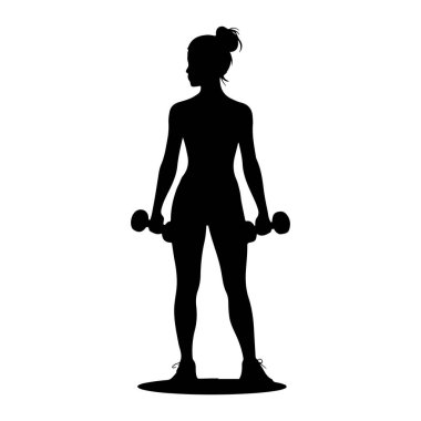 Her iki elinde dambıl tutan siyah bir kadın silueti. Yüzü sola dönük ve saçı topuz şeklinde çekilmiş. Ayakları biraz ayrık ve atletik ayakkabılar giyiyor. Arkaplan beyaz.