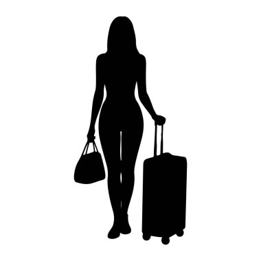 Siyah bir kadın silueti beyaz bir arkaplanda duruyor. Sol elinde bir el çantası tutuyor ve sağ eliyle tekerlekli bavulu çekiyor. Silüet, onu uzun saçlı, ince vücutlu ve ayakkabı giyen biri olarak tasvir ediyor..
