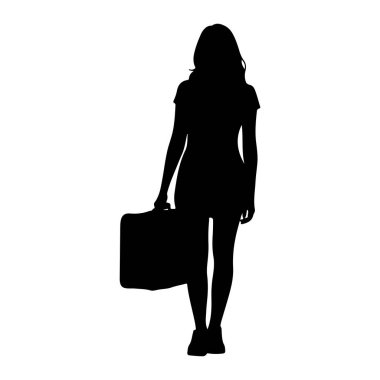 Siyah bir kadın silueti, sağ elinde bir bavul tutarak öne bakıyor. Orta boylu saçları var ve kısa bir elbise ve ayakkabılar giyiyor. Arkaplan düz beyaz.