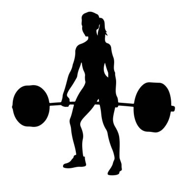 At kuyruklu siyah bir kadının silueti elinde halterle ayakta duruyor. O, atletik ayakkabılar giyiyor. Halterin her iki ucunda büyük dairesel ağırlıklar vardır. Resim beyaz bir arkaplanda izole edilmiştir.