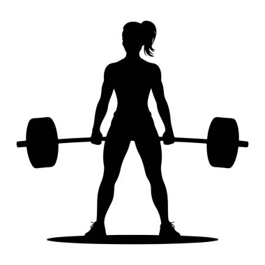 Elinde halterle kaldırmaya hazır siyah bir kadın silueti duruyor. Saçları at kuyruğu şeklinde geri çekiliyor. O atletik şort ve ayakkabı giyiyor. Silüet düz beyaz bir arkaplan üzerine kurulur.